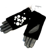 CHANEL CC PEARL LAMBSKIN LEATHER & SHEARLING GLOVES
