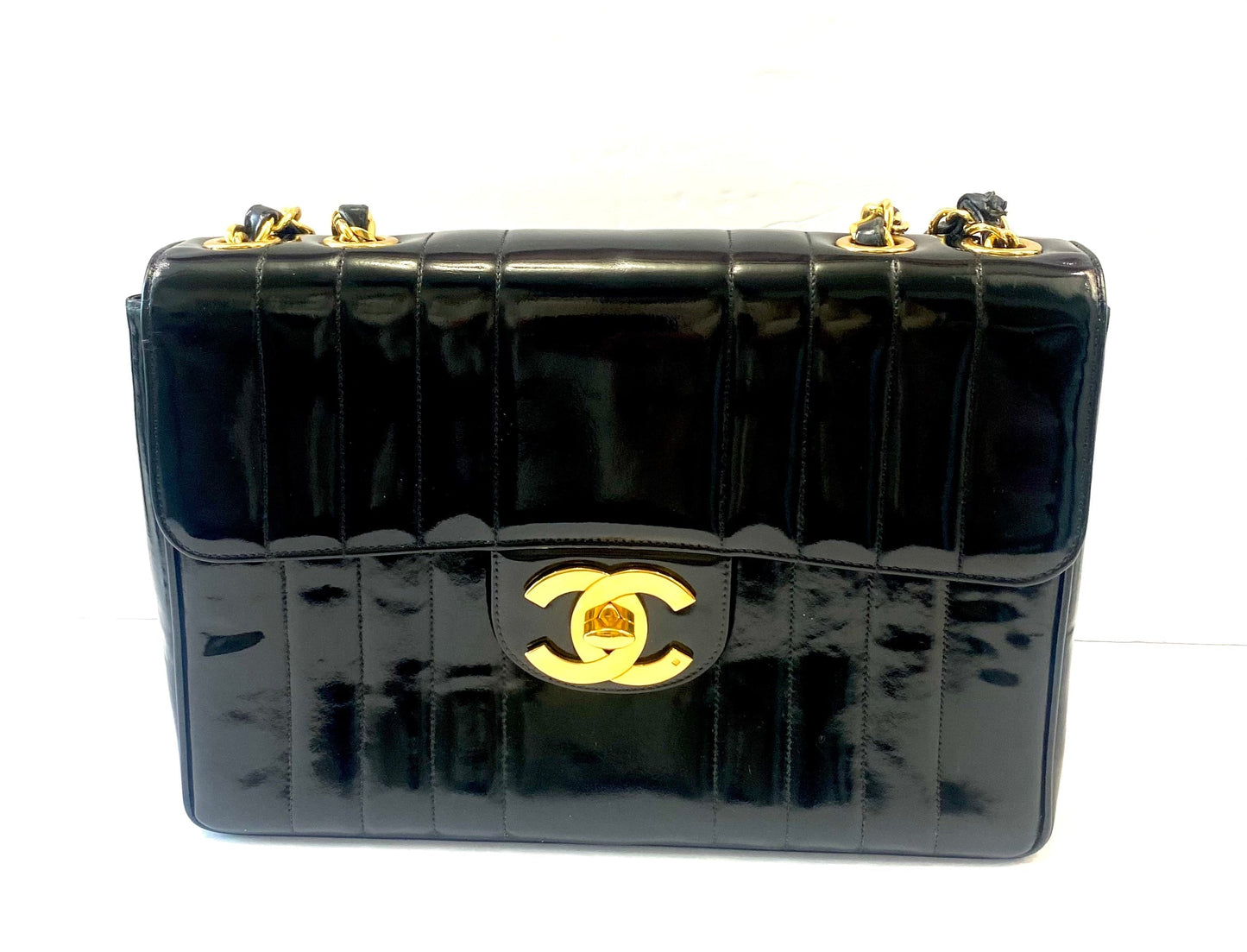 CHANEL JUMBO MADEMOISELLE VERTICAL QUILT   PATENT LEATHER BAG