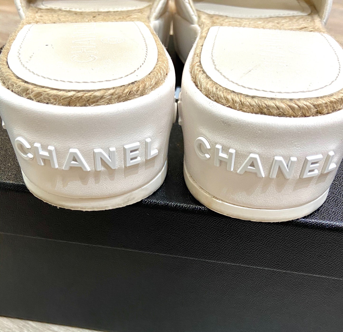 CHANEL CC LAMBSKIN LEATHER ESPADRILLE MULES