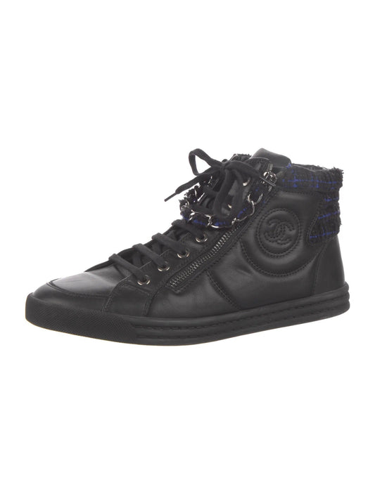 CHANEL LAMBSKIN LEATHER TWEED ZIPPED HI-TOP SNEAKERS