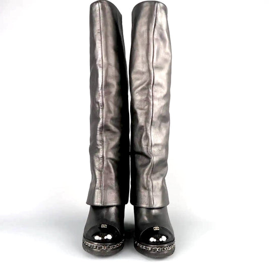 CHANEL LEATHER FOLD OVER KNEE HIGH CAP TOE CHAIN WEDGE HEEL BOOTS