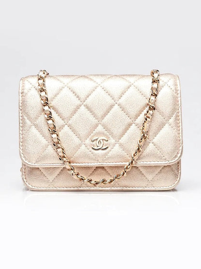 CHANEL METALLIC GOLD QUILTED CAVIAR WALLET ON A CHAIN-HS