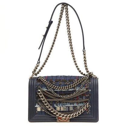 CHL -  NAVY BOUCLE TWEED DECHAINED CHAIN BOY FLAP BAG