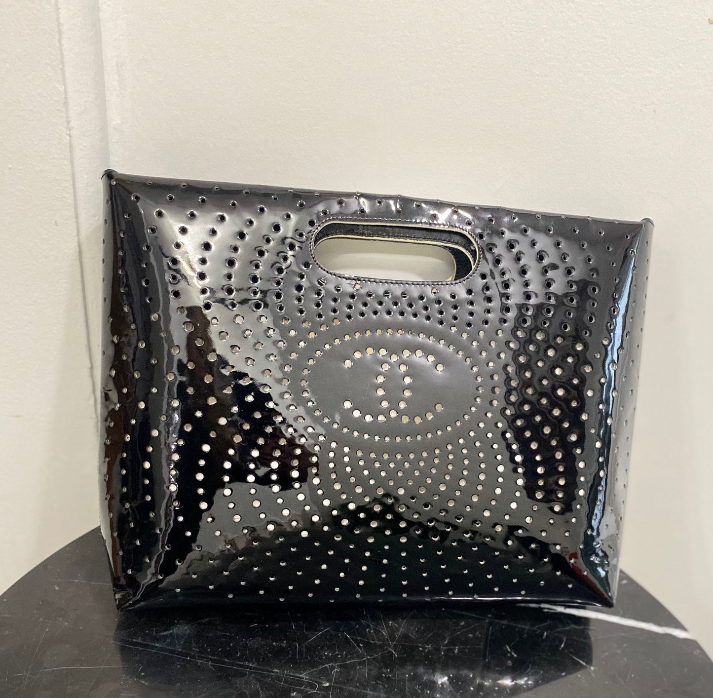 CHL -  CC PERFORATED PATENT CLUTCH BAG