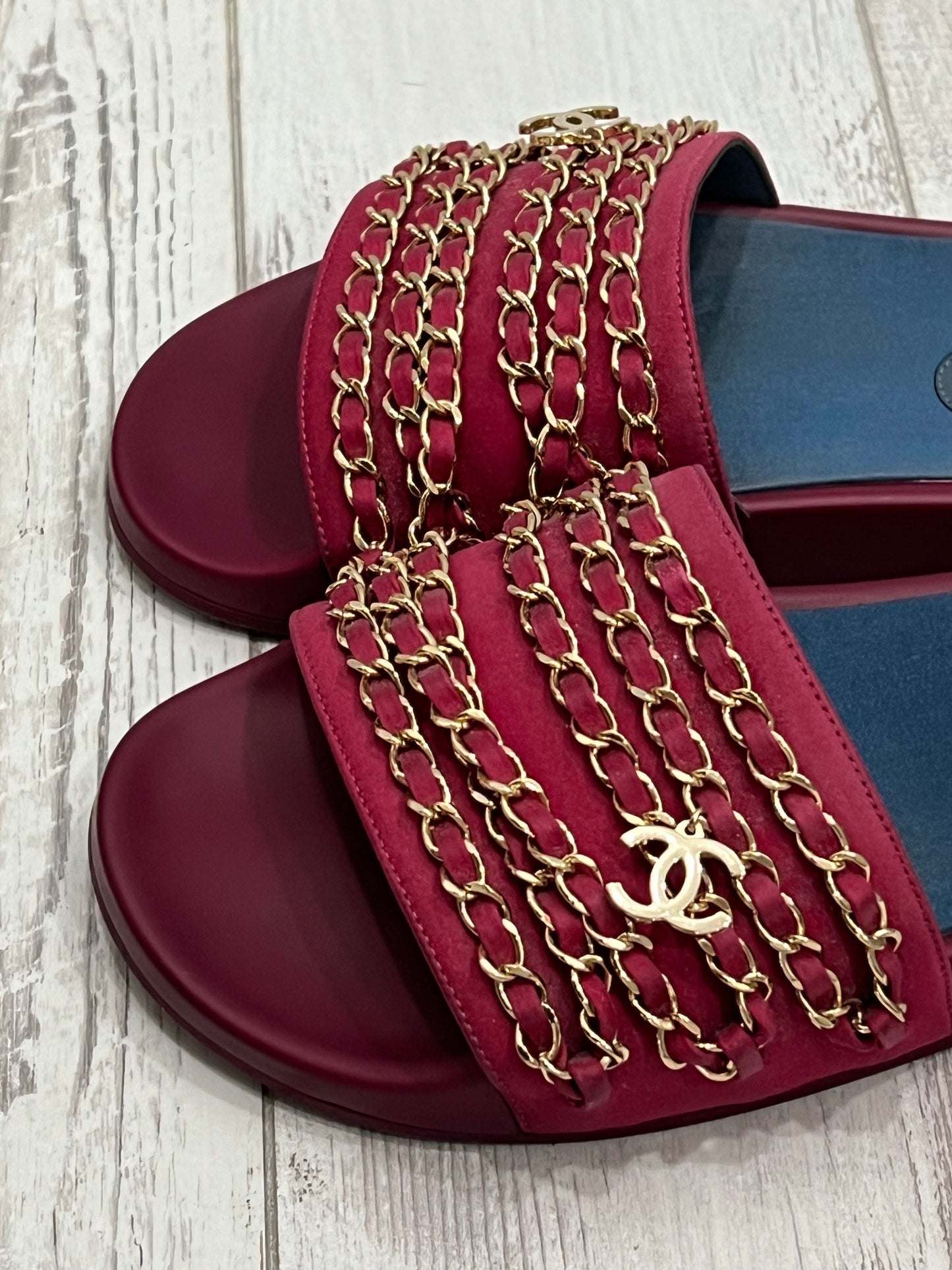 CHANEL SATIN CHAIN SLIDE MULES