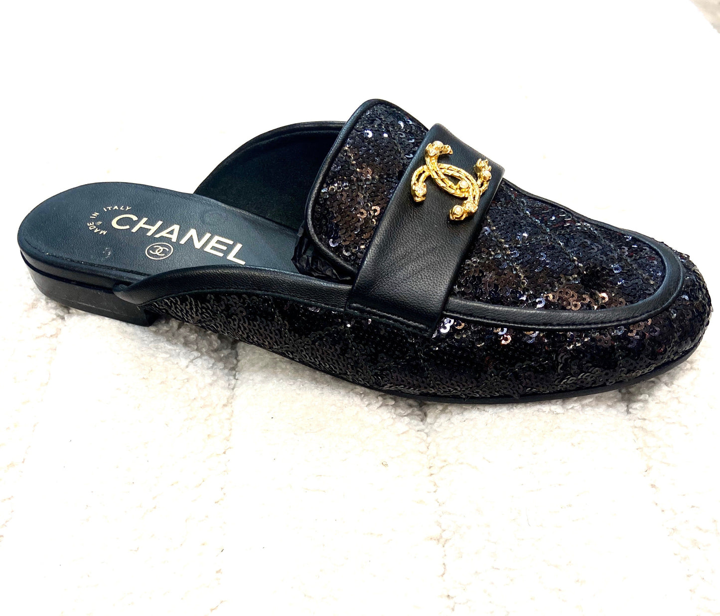 CHANEL SEQUIN LAMBSKIN QUILTED CC MULES