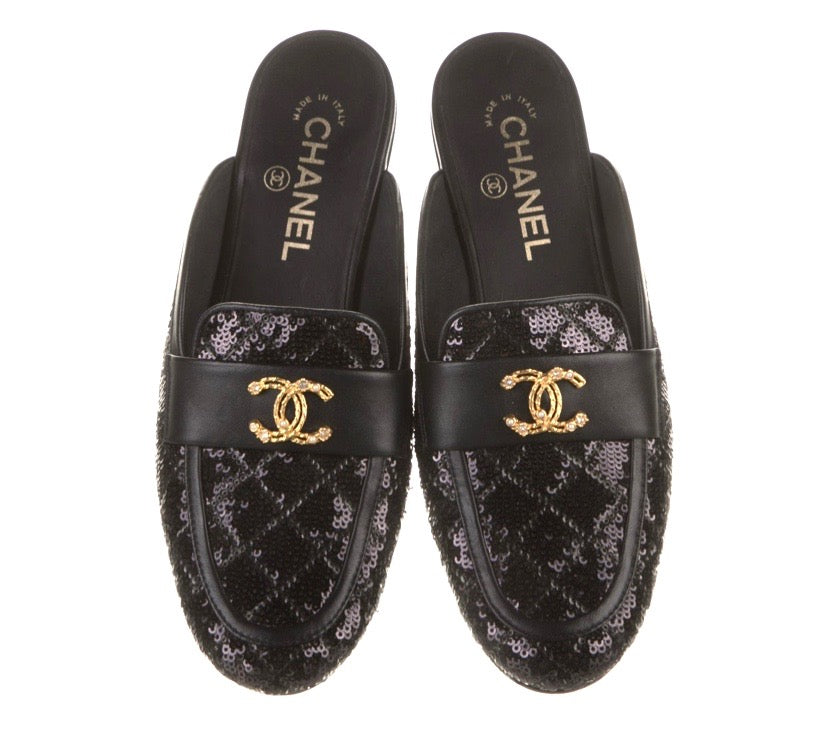 CHANEL SEQUIN LAMBSKIN QUILTED CC MULES