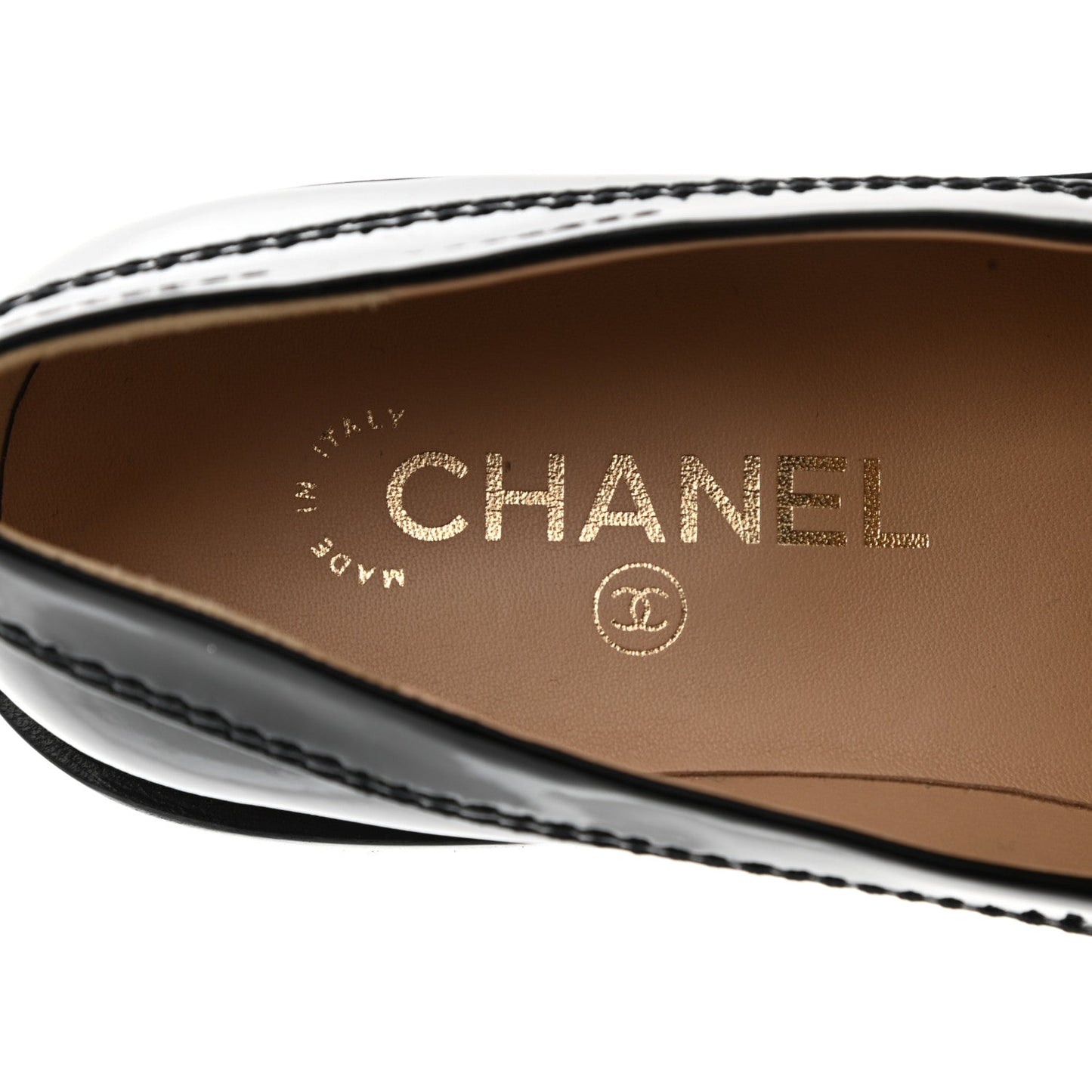 CHANEL SHINY PATENT CALFSKIN LOGO LOAFERS