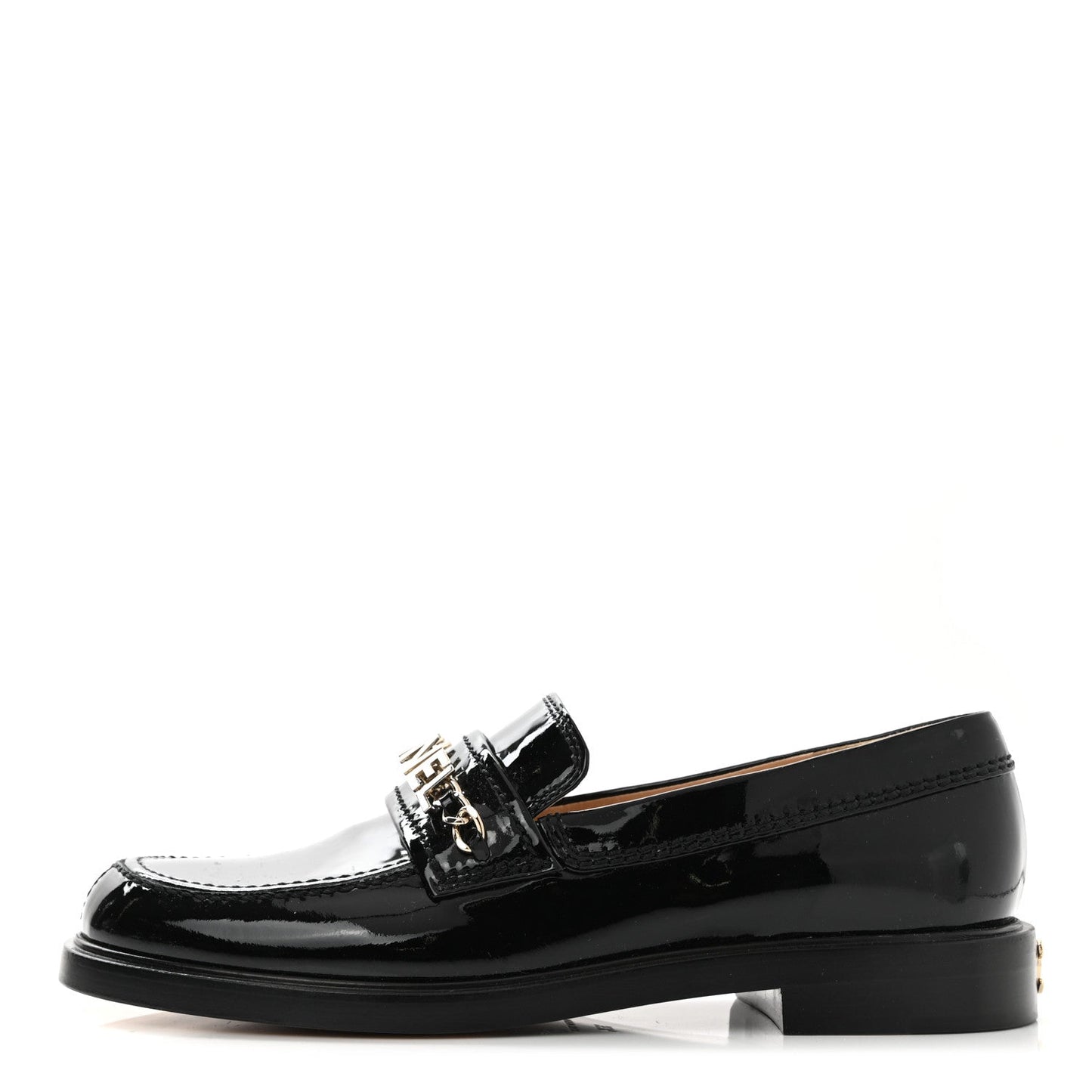 CHANEL SHINY PATENT CALFSKIN LOGO LOAFERS