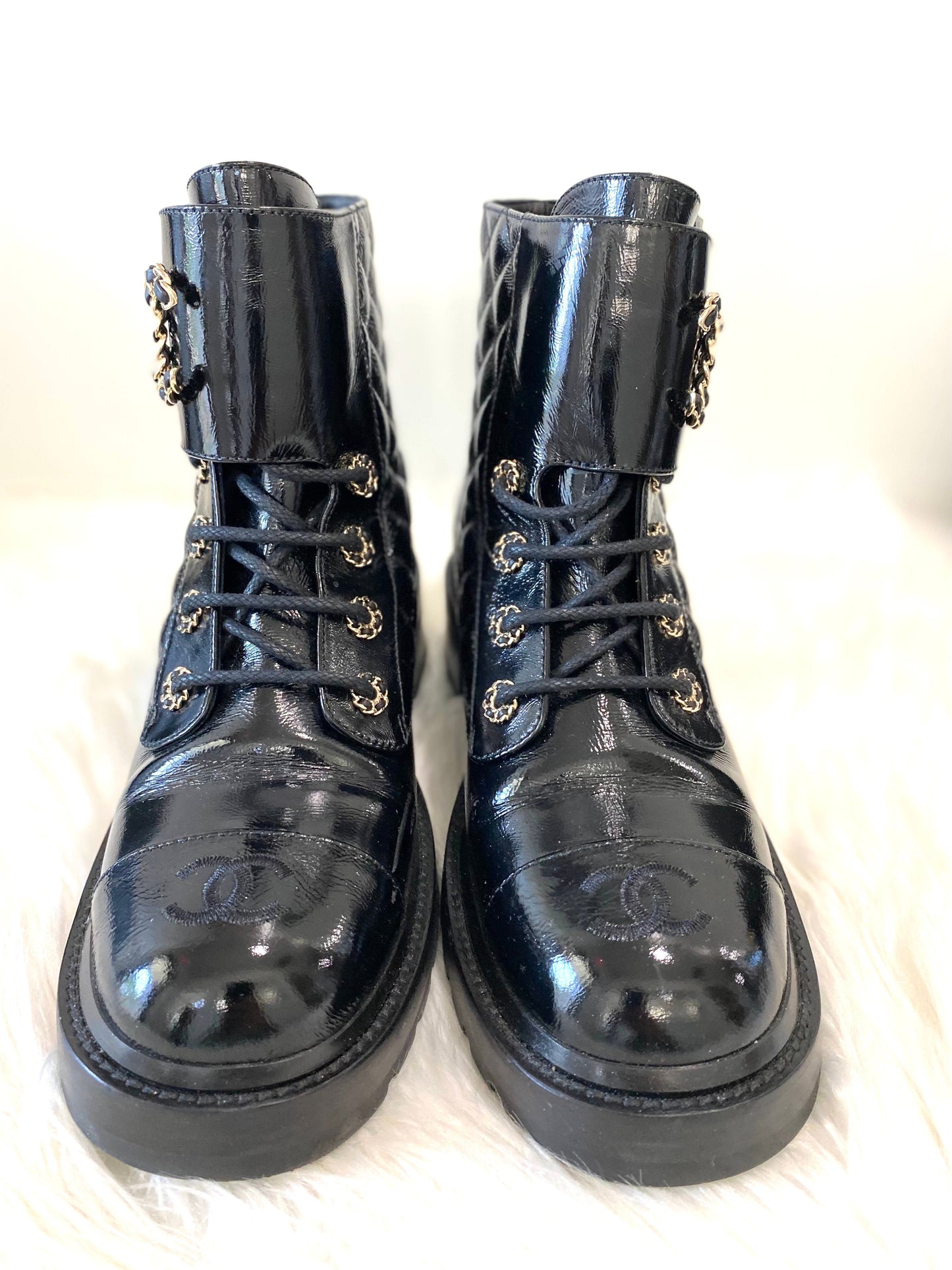 CHANEL SHINY CALFSKIN QUILTED COMBAT CHAIN BOOTS
