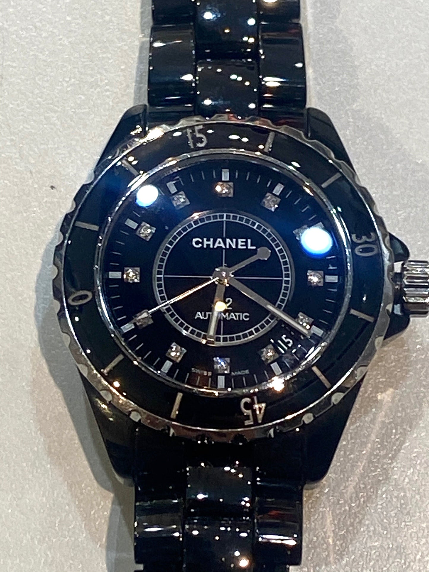 CHANEL STAINLESS STEEL CERAMIC DIAMONDS 38MM J12 AUTOMATIC WATCH