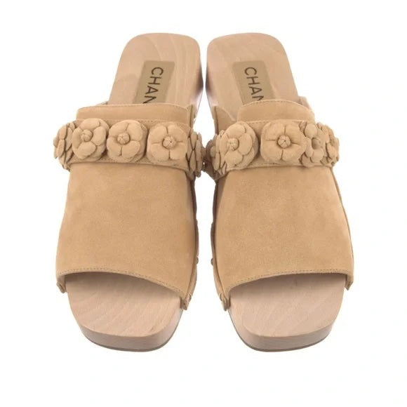 CHANEL CALFSKIN SUEDE CAMELLIA MULES CLOGS
