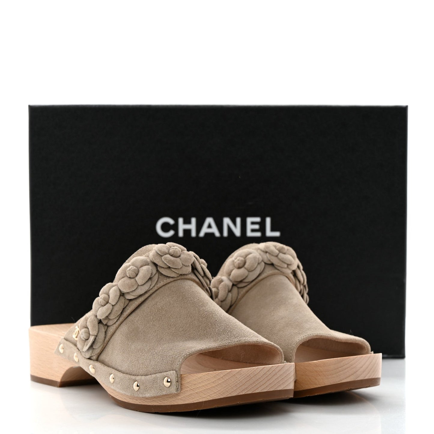 CHANEL CALFSKIN SUEDE CAMELLIA MULES CLOGS