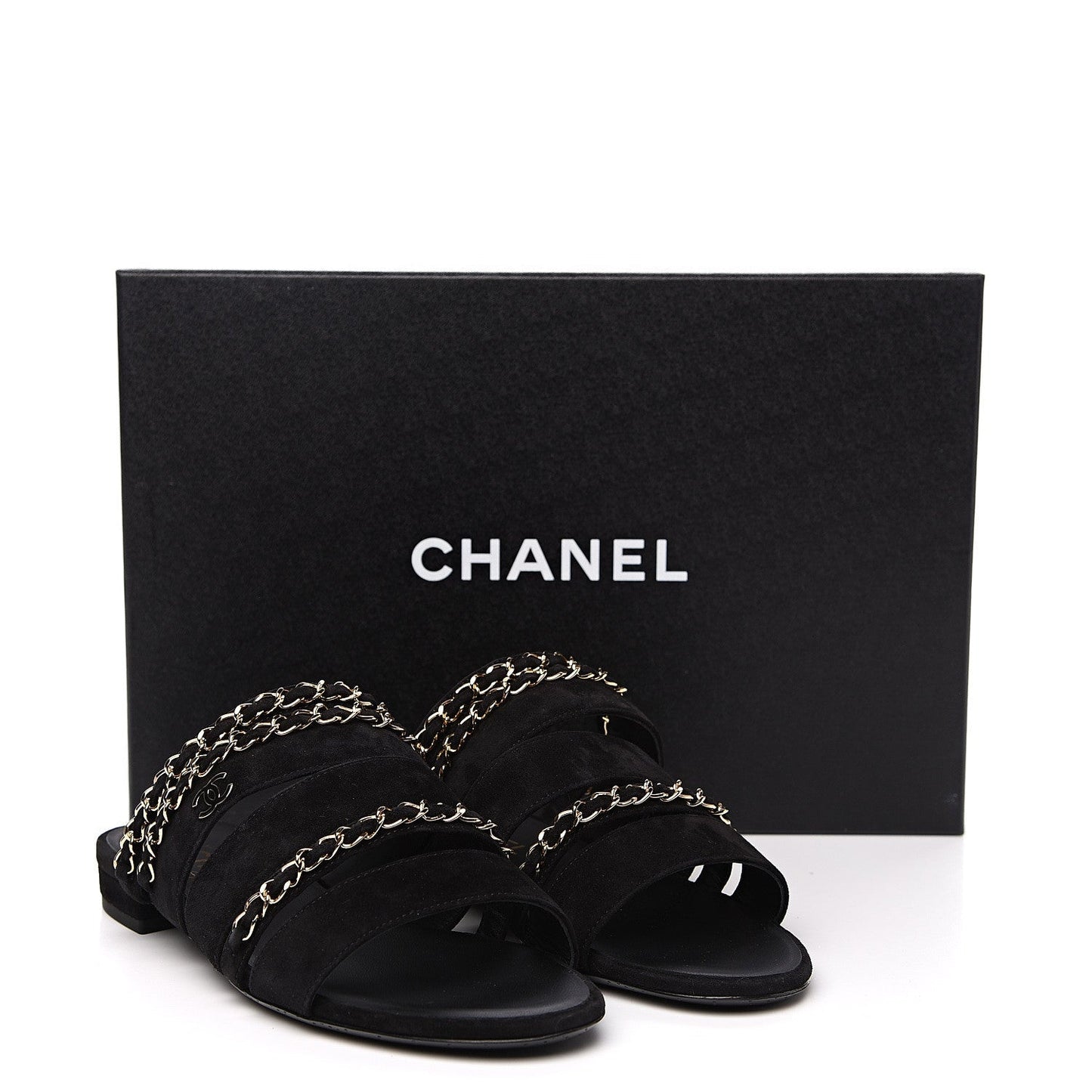 CHANEL SUEDE CALFSKIN CC CHAIN FLAT SLIDE SANDALS