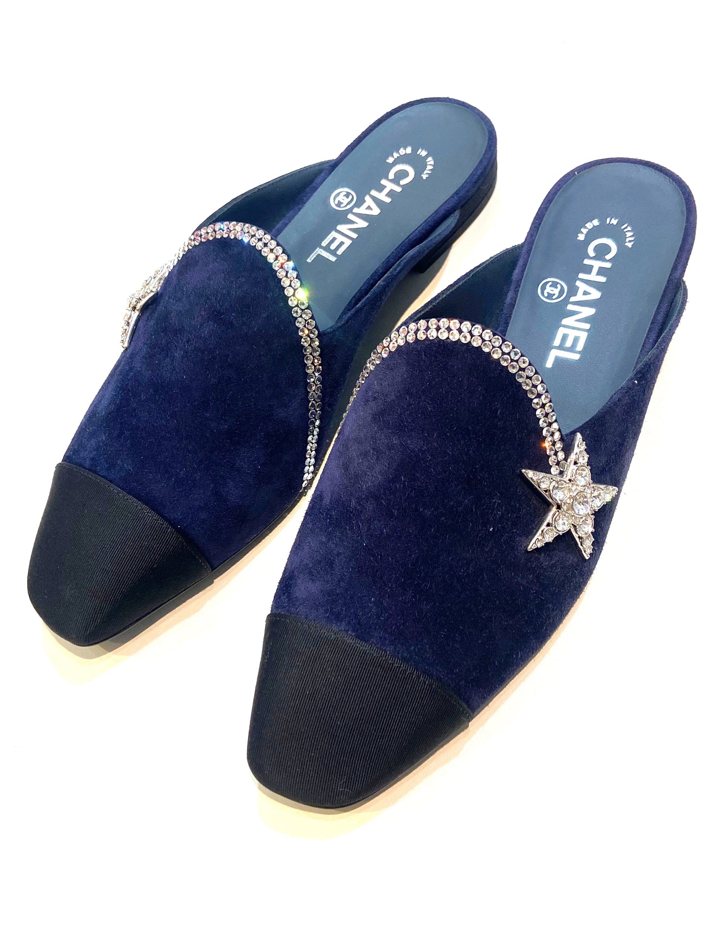 CHANEL SUEDE CALFSKIN GROSGRAIN CRYSTAL CC STAR MULES