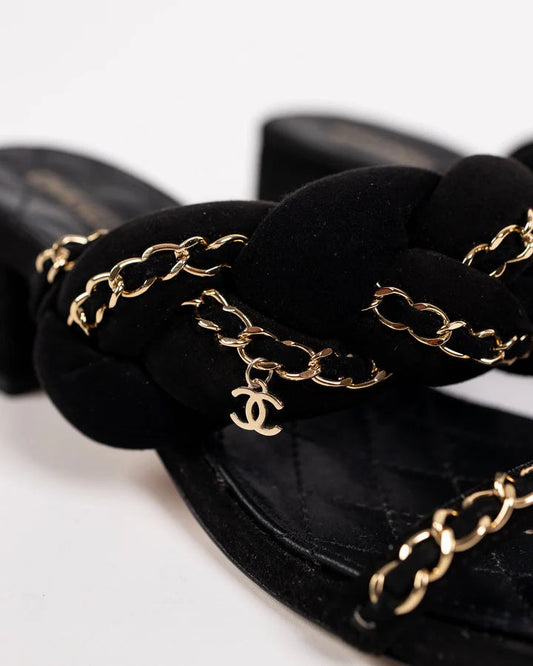 CHANEL SUEDE BRAIDED CHAIN CC CHARM MULES