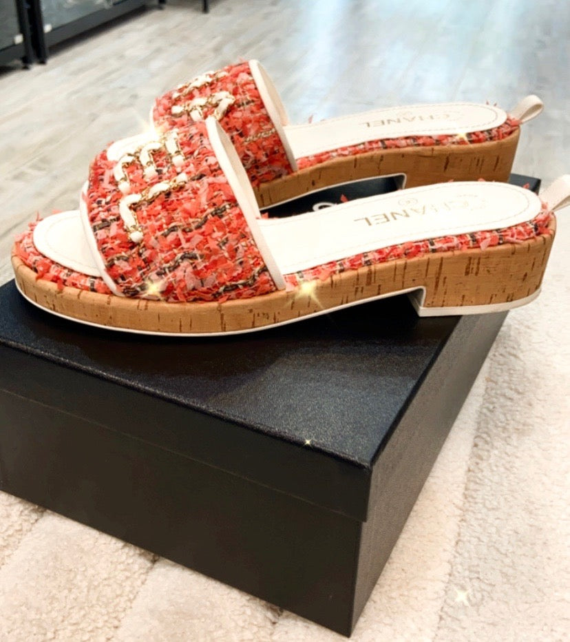 CHANEL TWEED CORK "CHA NEL" MULE SANDALS