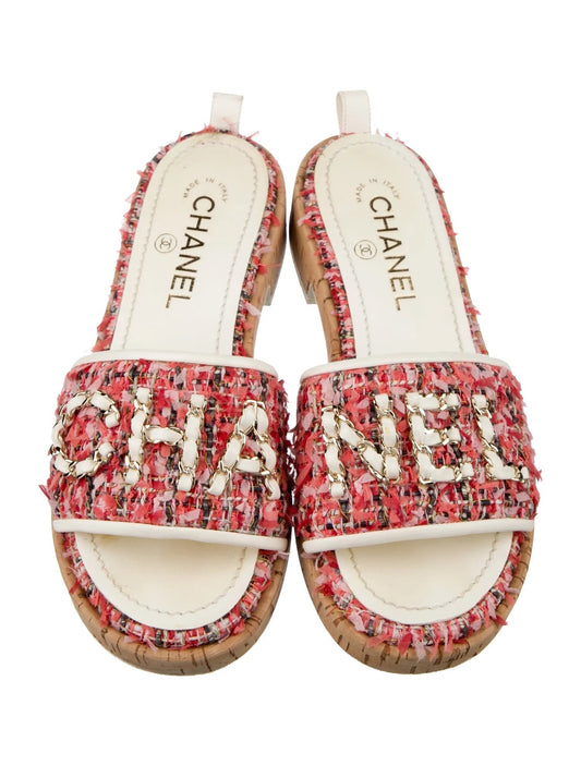 CHANEL TWEED CORK "CHA NEL" MULE SANDALS