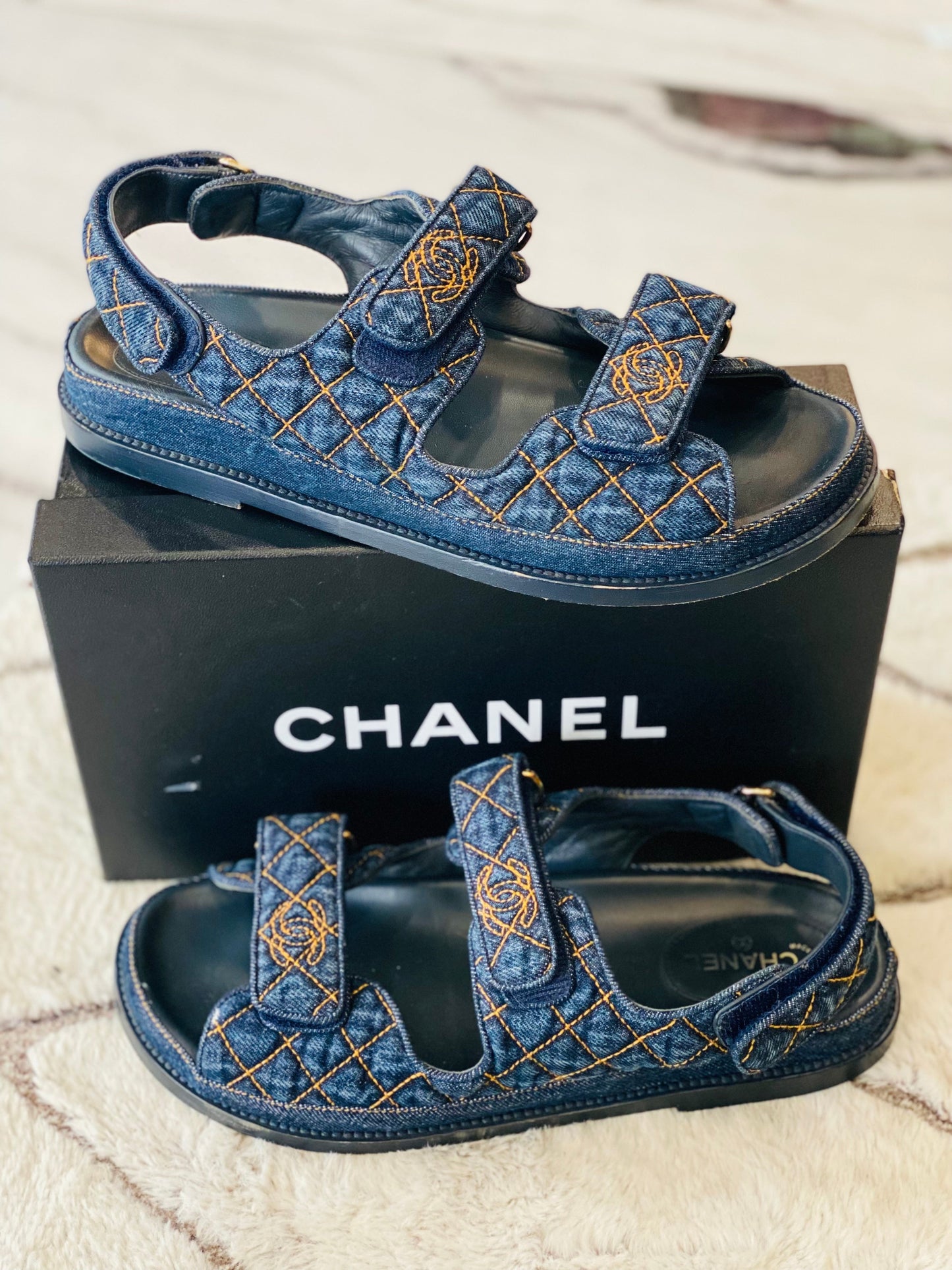 CHANEL VELCRO DENIM QUILTED DAD SANDALS