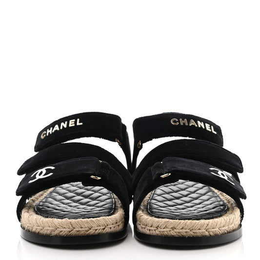 CHANEL CC VELVET LAMBSKIN FLAT SANDALS