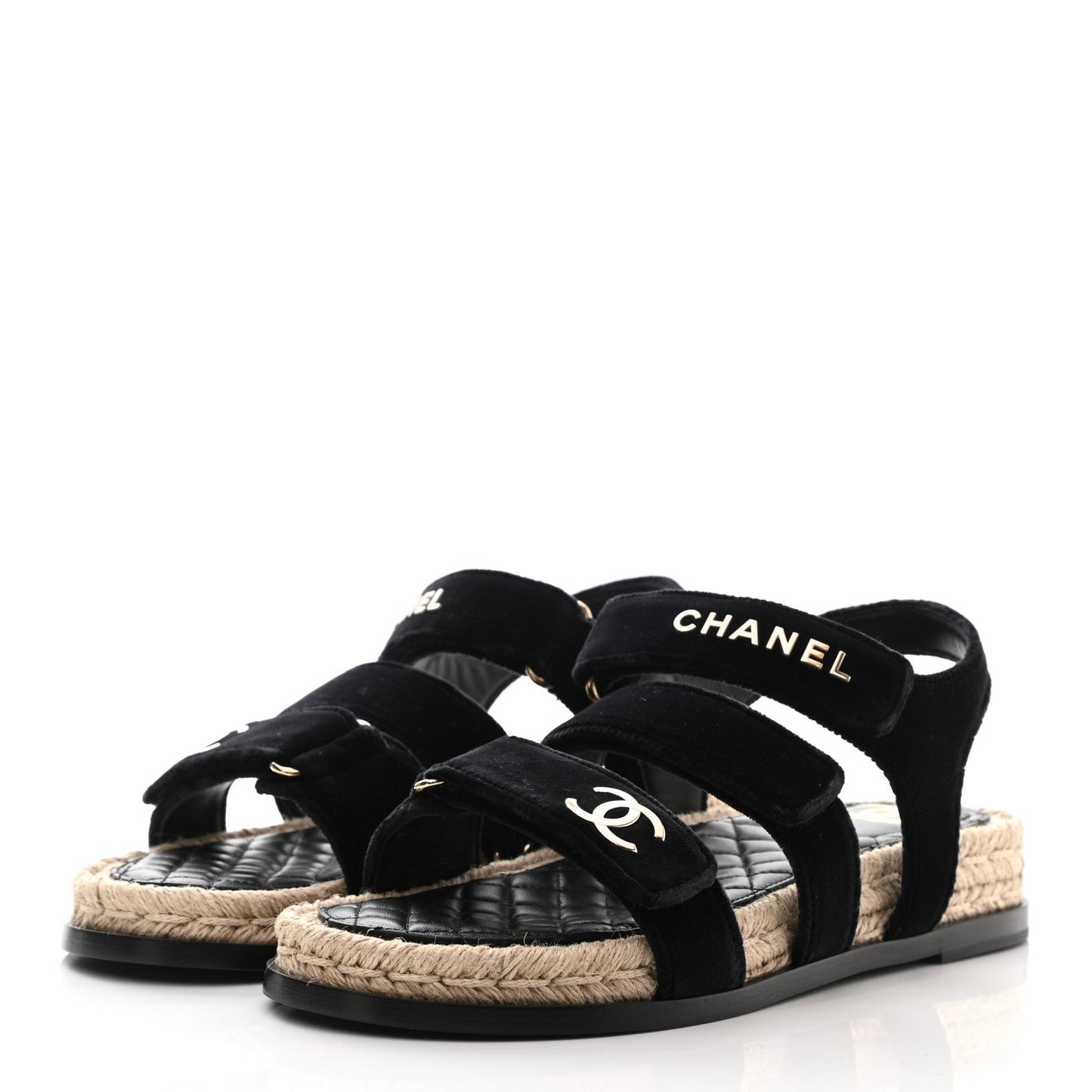 CHANEL CC VELVET LAMBSKIN FLAT SANDALS