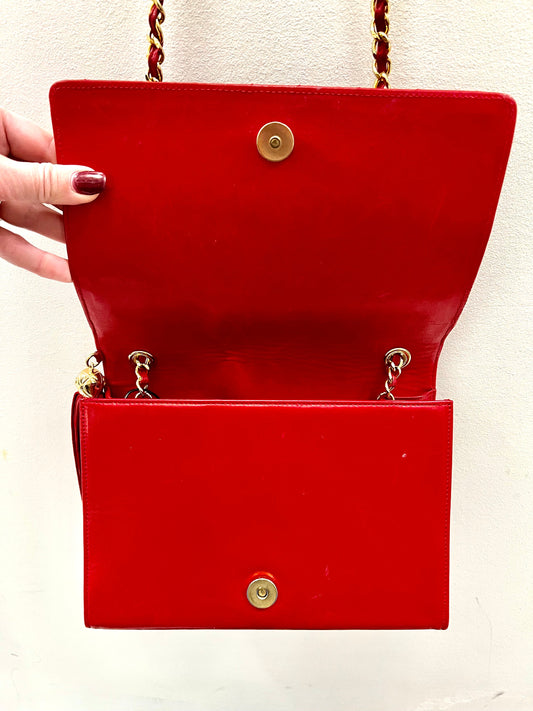 CHL -  VINTAGE RED CHEVRON QUILTED LAMBSKIN CHAIN BAG