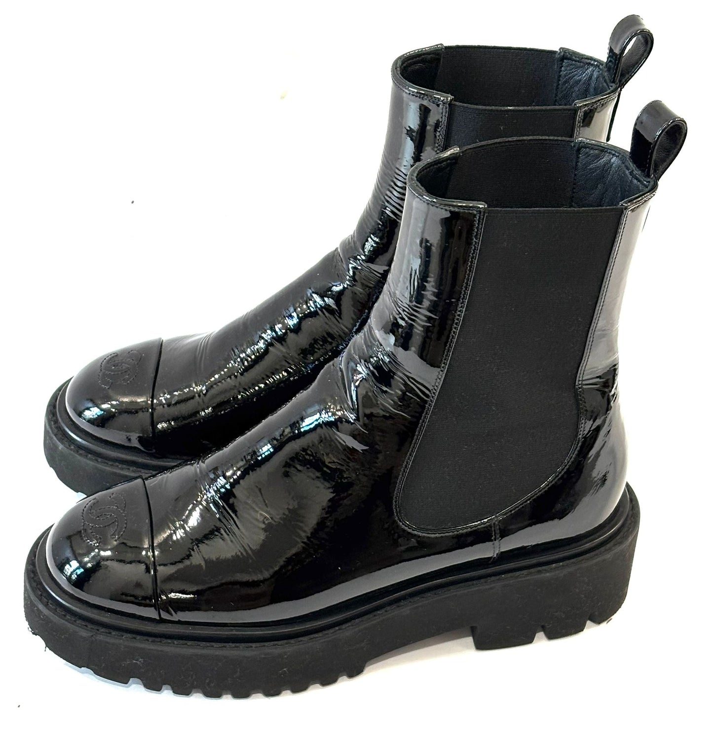 CHANEL PATENT CAP TOE CC ANKLE BOOTS