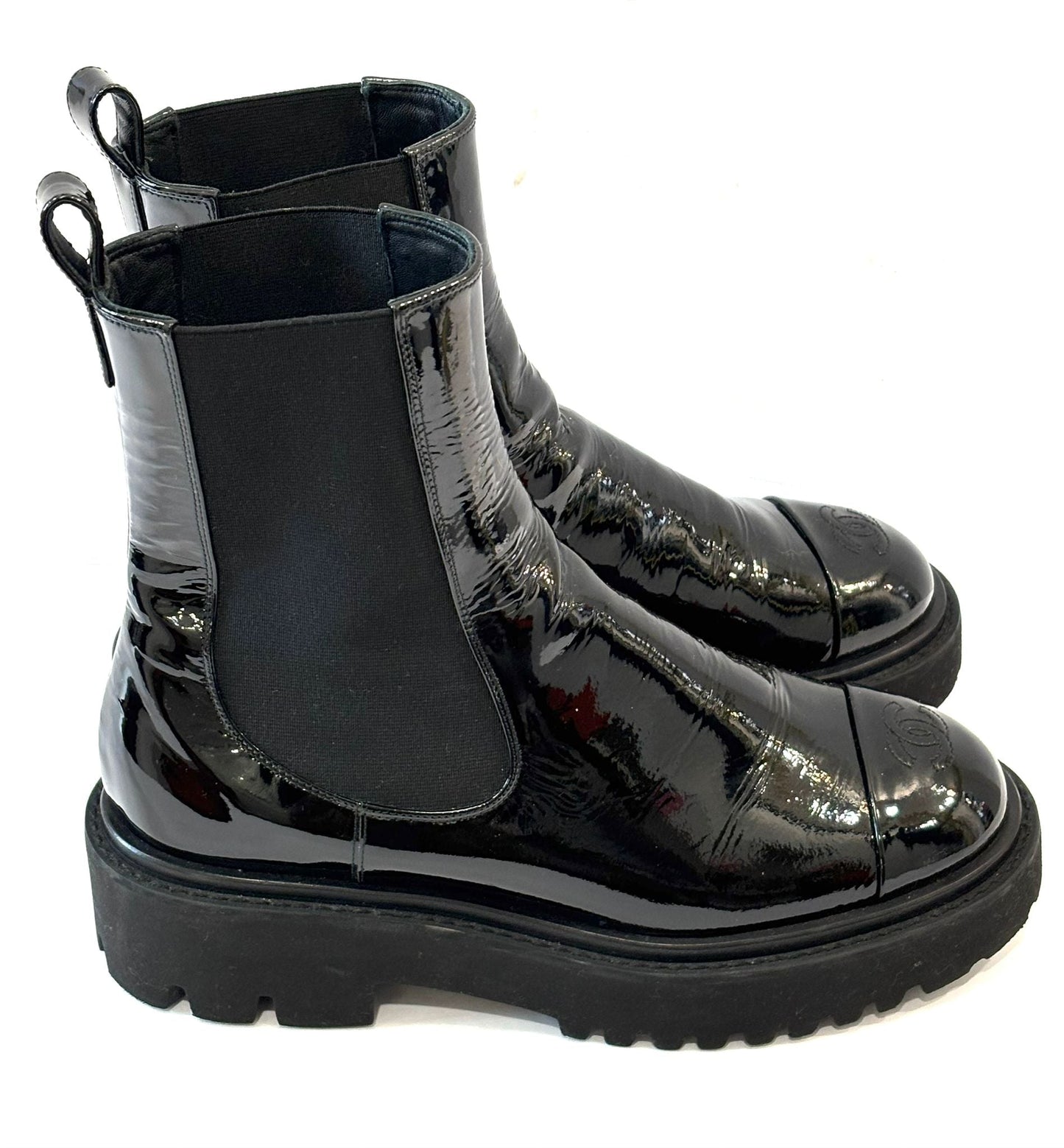 CHANEL PATENT CAP TOE CC ANKLE BOOTS