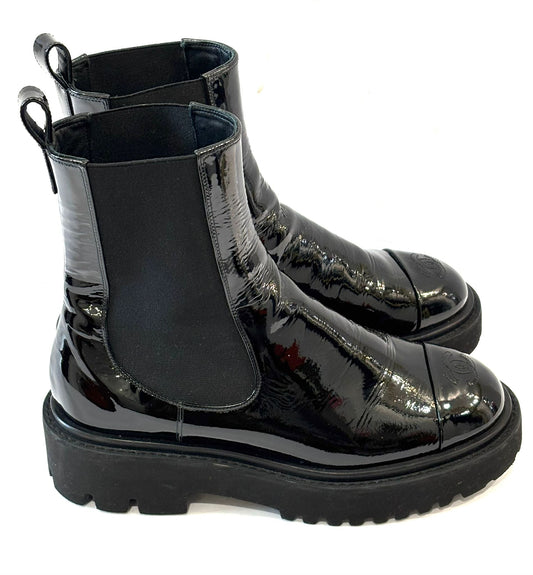 CHANEL PATENT CAP TOE CC ANKLE BOOTS