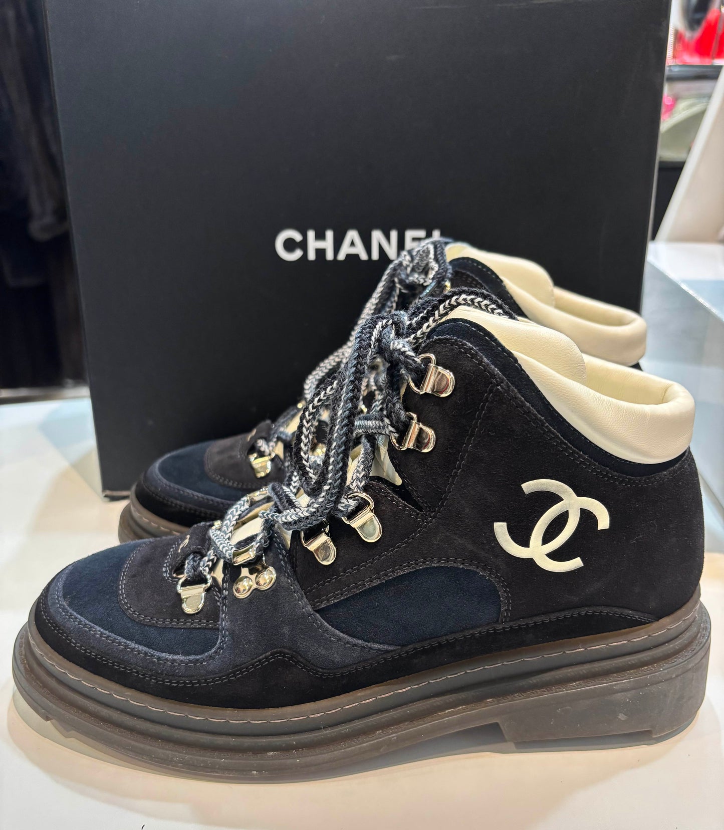 CHANEL CC COMBAT LACE UP ANKLE HIKING SNOW BOOTS