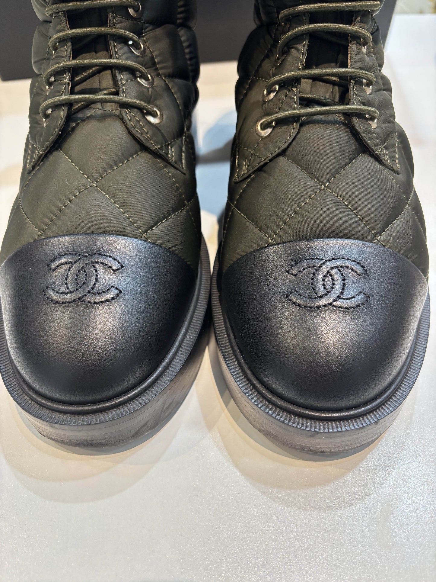 CHANEL OLIVE AND BLACK BOOTIES