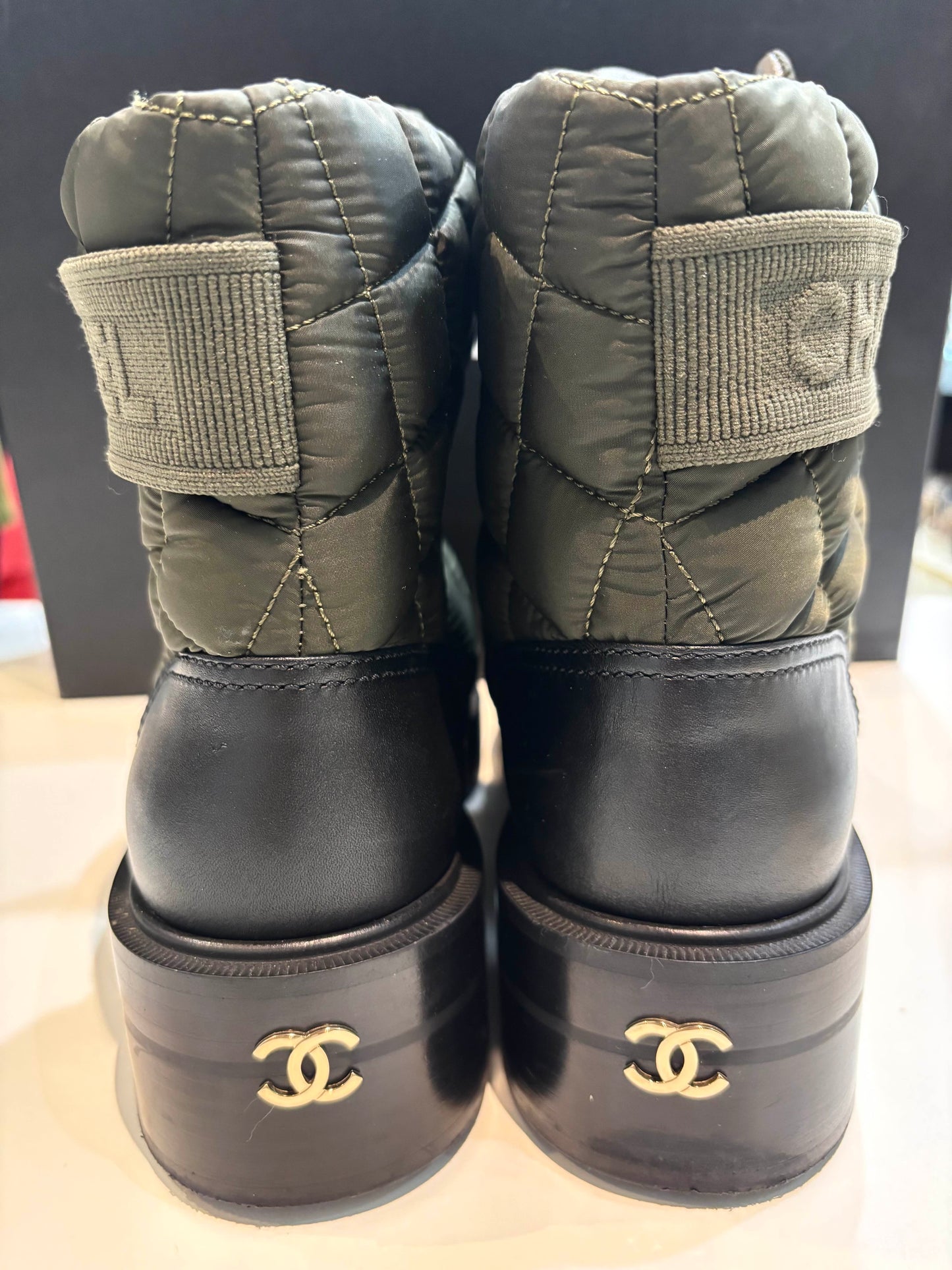 CHANEL OLIVE AND BLACK BOOTIES