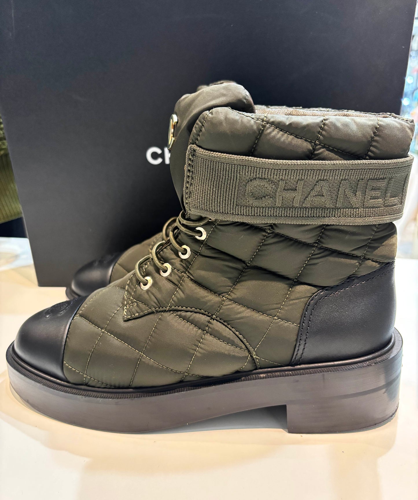 CHANEL OLIVE AND BLACK BOOTIES