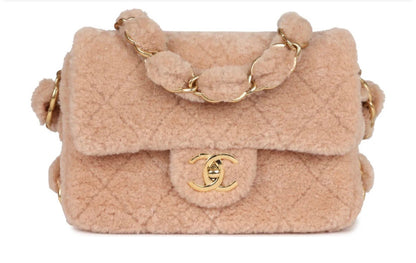 CHANEL SMALL CC LIGHT PINK SHEARLING BRUSHED GOLD HARDWARE FLAP BAG
