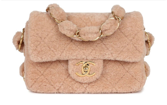 CHANEL SMALL CC LIGHT PINK SHEARLING BRUSHED GOLD HARDWARE FLAP BAG