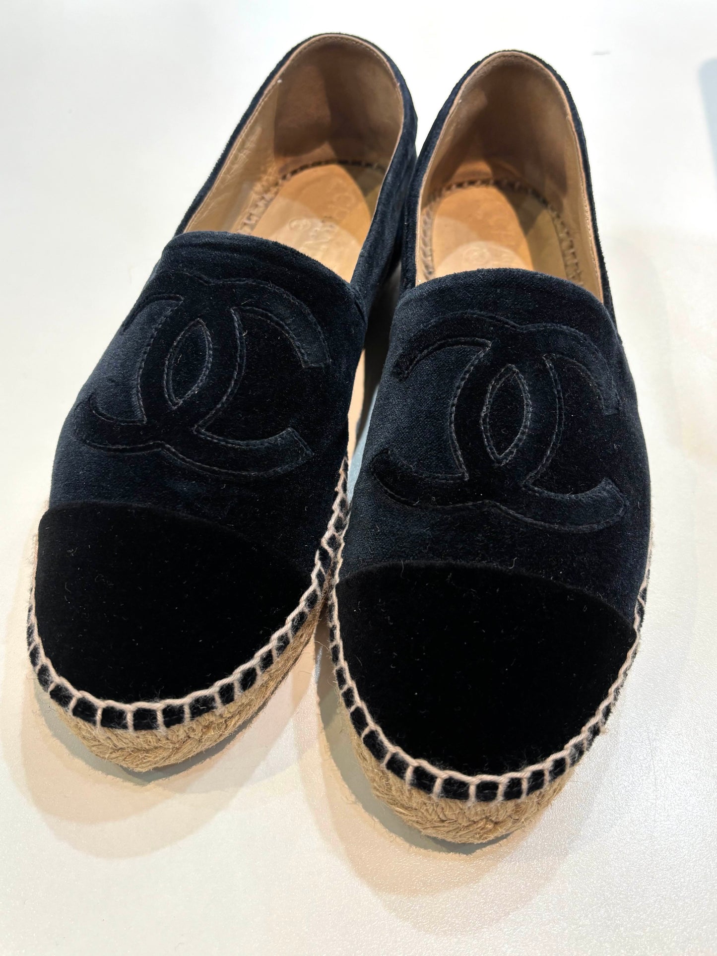 CHANEL VELVET DARK NAVY CC CAP TOE ESPADRILLES