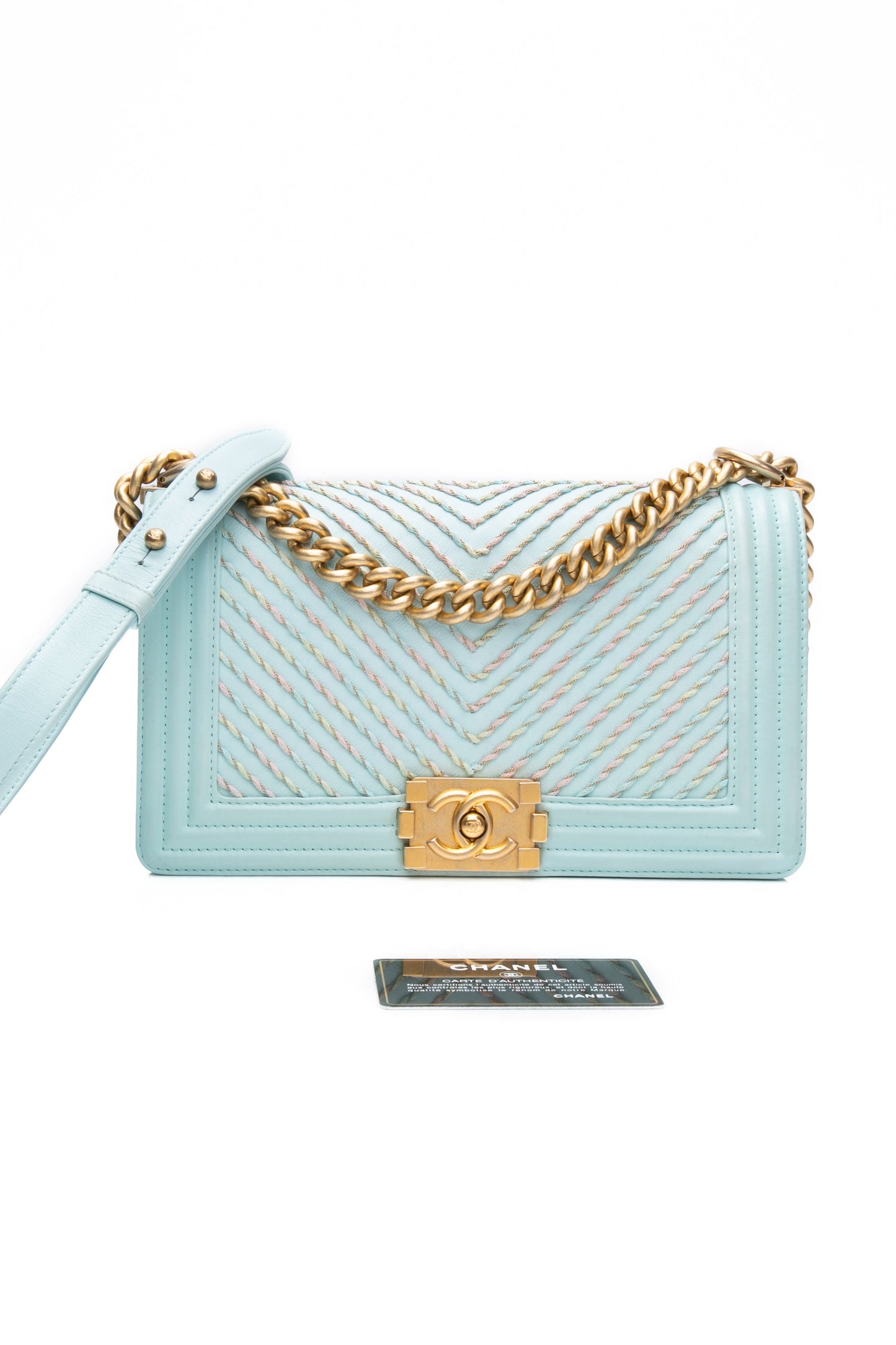 CHANEL Light Blue Calfskin Chevron Embroidered Medium Boy By The Sea Flap Bag