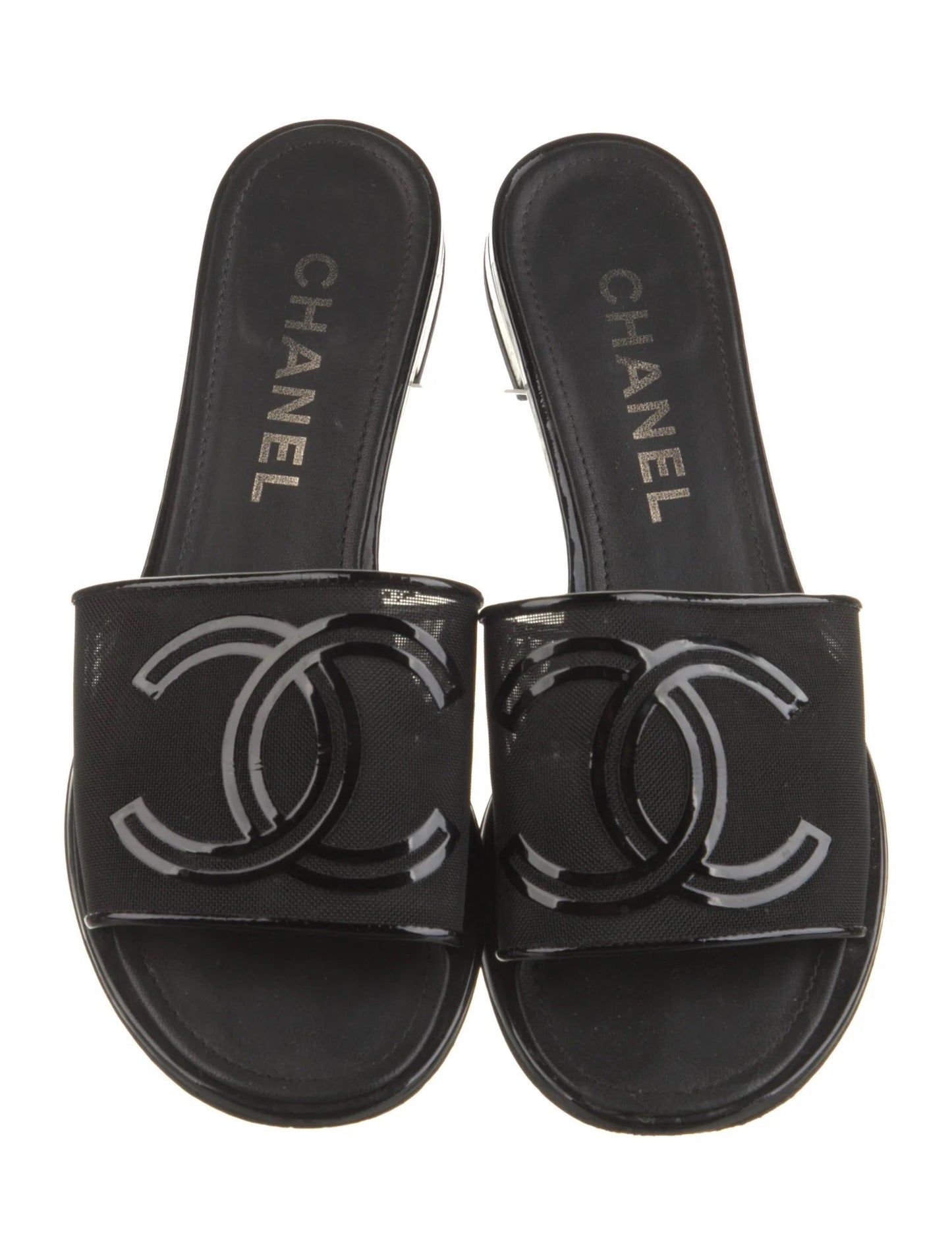 CHANEL 21S MESH PATENT LEATHER CC LOGO SLIDE SANDALS