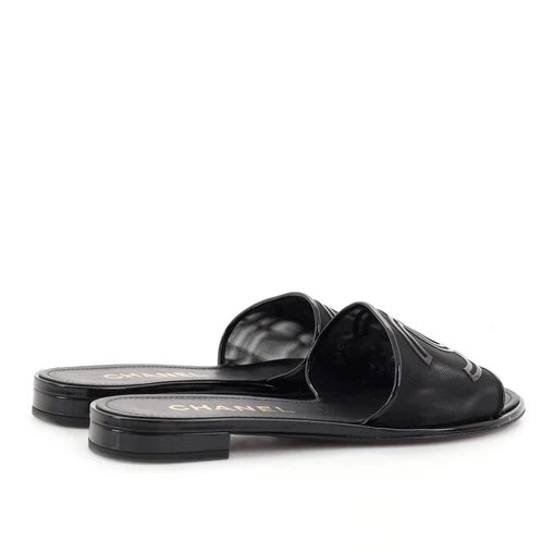 CHANEL 21S MESH PATENT LEATHER CC LOGO SLIDE SANDALS