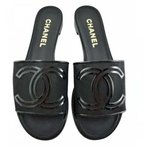CHANEL 21S MESH PATENT LEATHER CC LOGO SLIDE SANDALS
