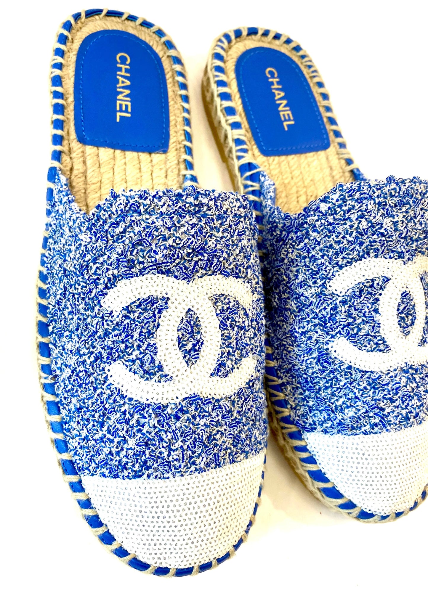 CHANEL TWEED SEQUIN CC LOGO BACKLESS ESPADRILLES
