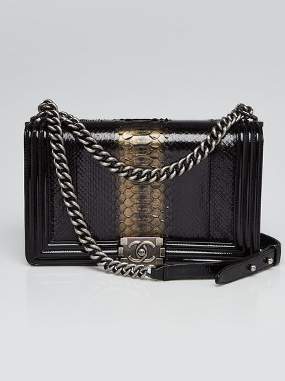 CHANEL PYTHON AND PATENT LEATHER MEDIUM BOY BAG