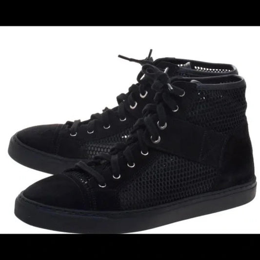 CHANEL SUEDE MESH HIGH-TOP LACE UP SNEAKERS