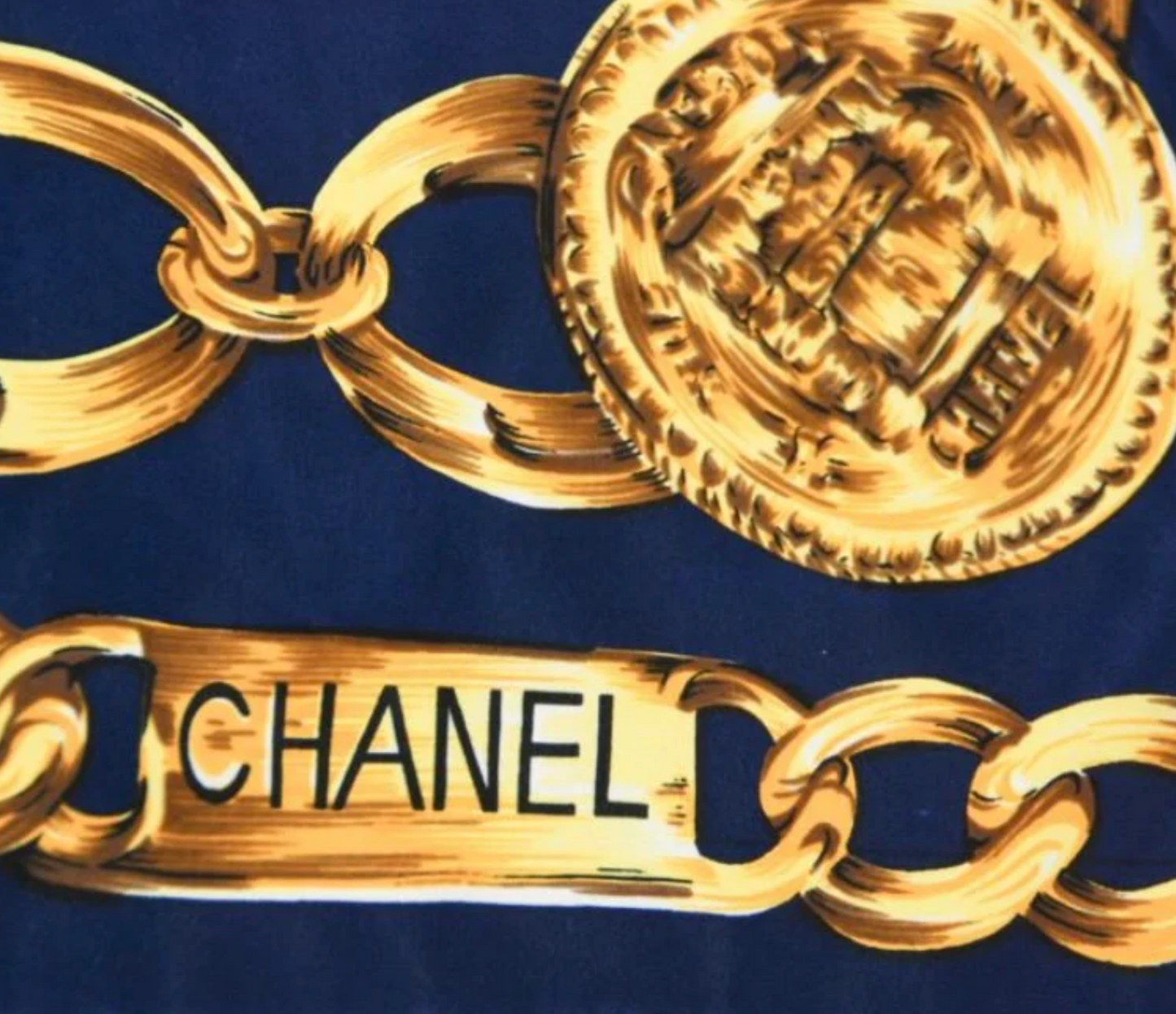 CHANEL SILK SCARF BLUE GOLD CHAIN LINKS
