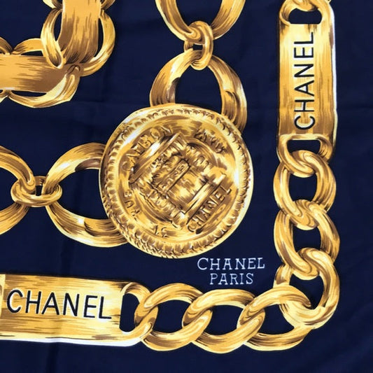 CHANEL SILK SCARF BLUE GOLD CHAIN LINKS