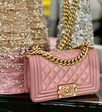 CHANEL QUILTED METALLIC PINK CALFSKIN SMALL BOY FLAP BAG