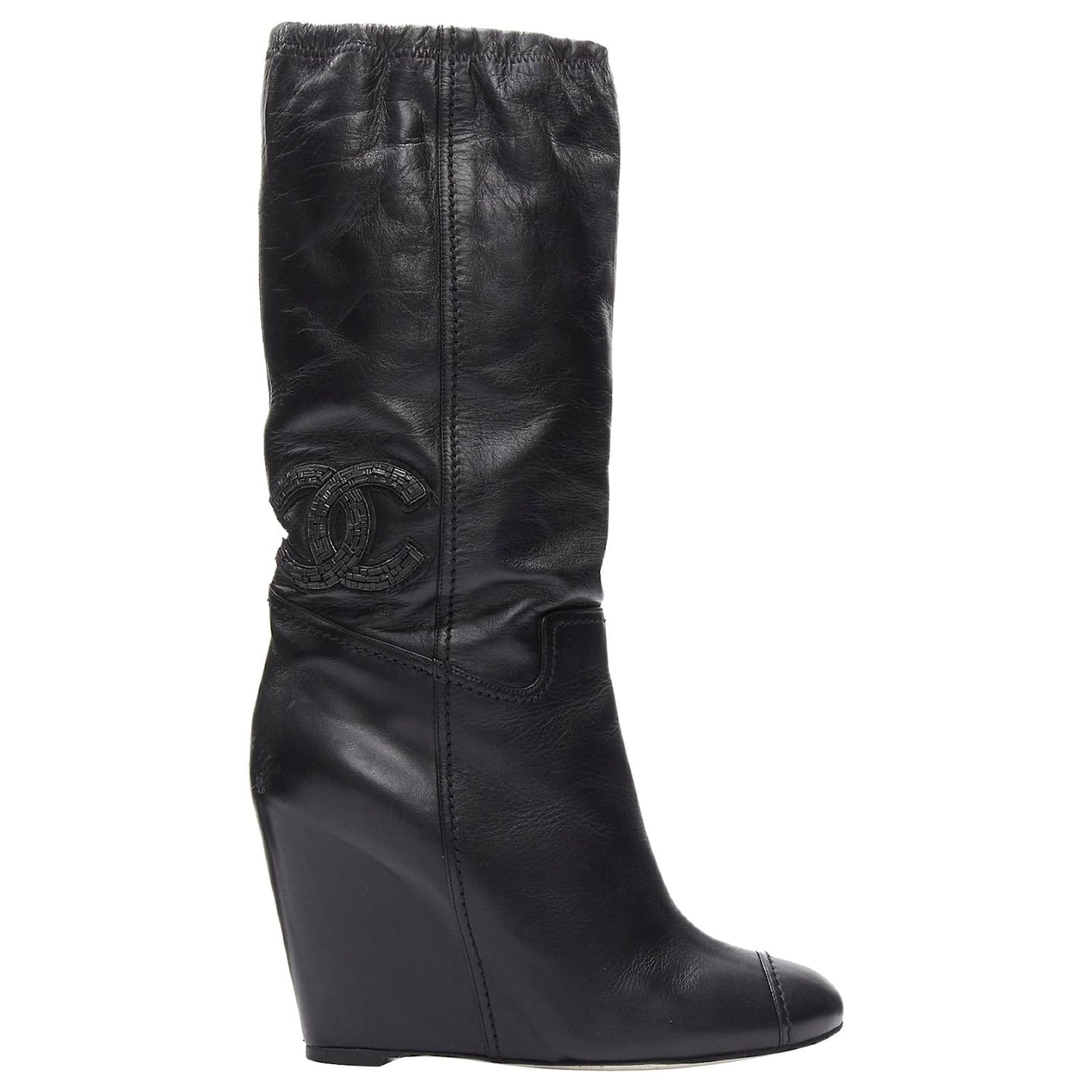 CHANEL CC CRYSTAL EMBELLISHED LAMBSKIN LEATHER WEDGE HEEL BOOTS