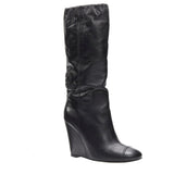 CHANEL CC CRYSTAL EMBELLISHED LAMBSKIN LEATHER WEDGE HEEL BOOTS