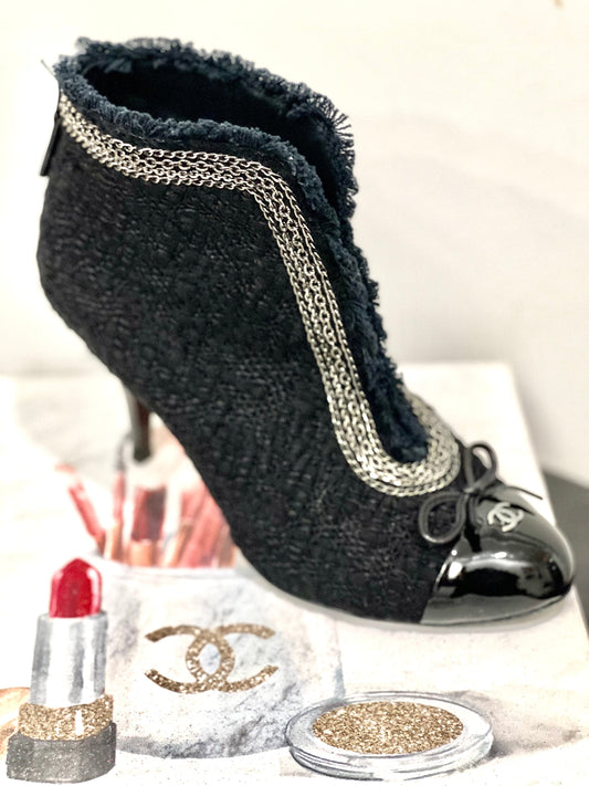 CHANEL CC TWEED CHAIN EMBELLISHED ANKLE BOOTIES