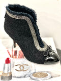 CHANEL CC TWEED CHAIN EMBELLISHED ANKLE BOOTIES